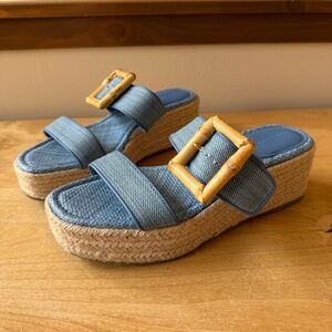 J MCLAUGHLIN DENIM SOLID FLEUR WEDGE SANDAL SLIDE BAMBOO BUCKLE COASTAL RESORT 8